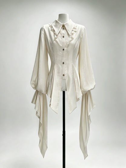 Ivory shirt with brooch, mannequin front view — ZERO The Fool collection