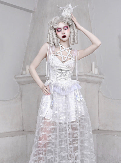 メッシュスリーピングペンタグラムゴシックレースサスペンダーホワイトアリスダークドレス