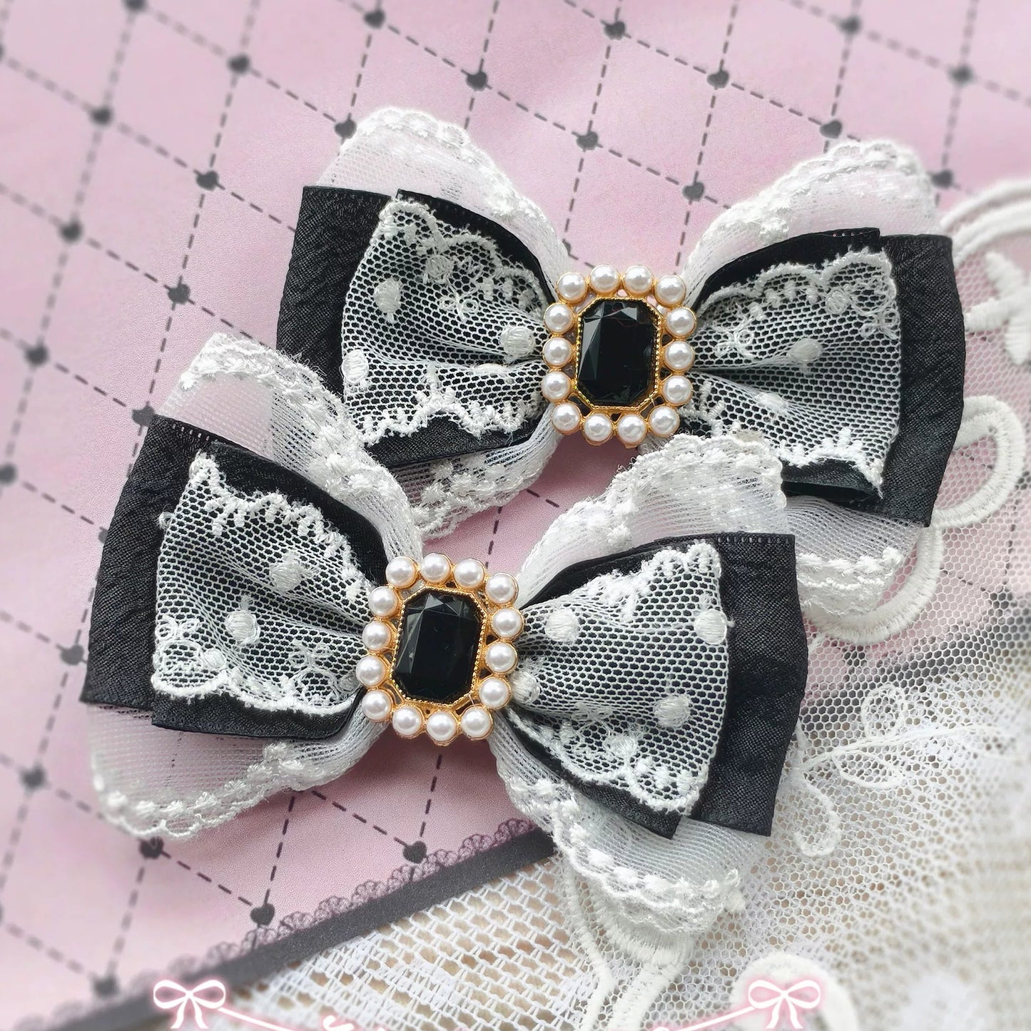 Handmade Heart Bow Shoe Clips with Lace & Pearl - Lolita Accessories