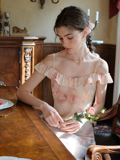 ロングサスペンダードレス フラワーブラウス カーディガン + シアー