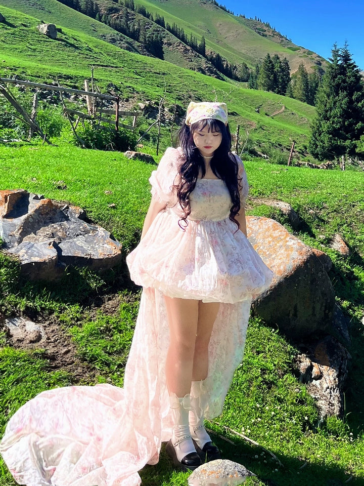 Plus Size Selkie Floral Train Princess Puff Gown