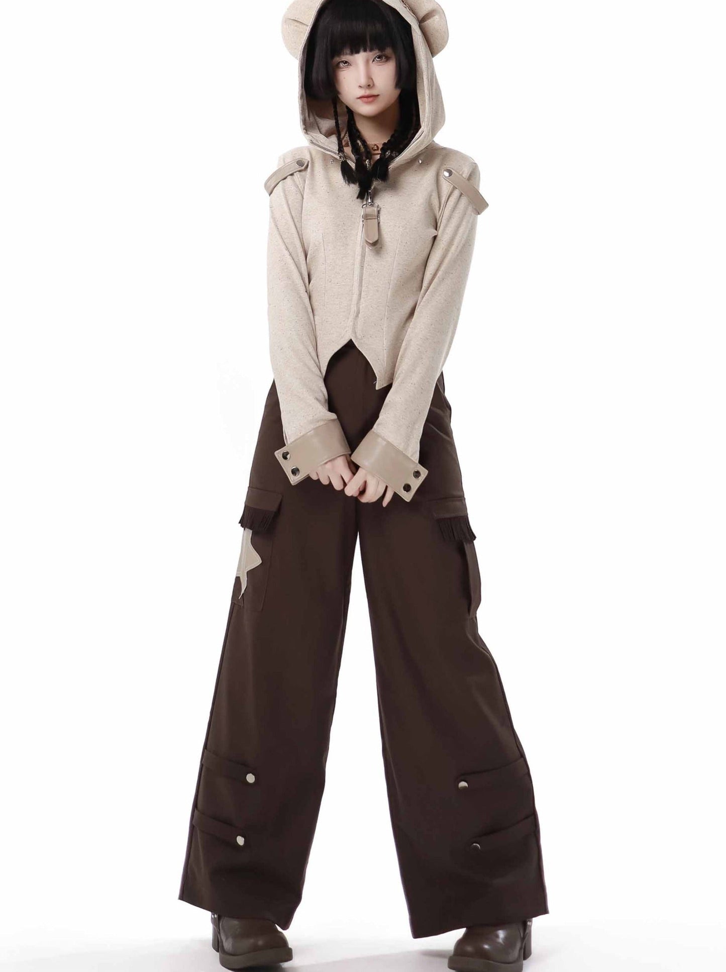 デザインスプリットワンダーベアニットトップショールメイラード