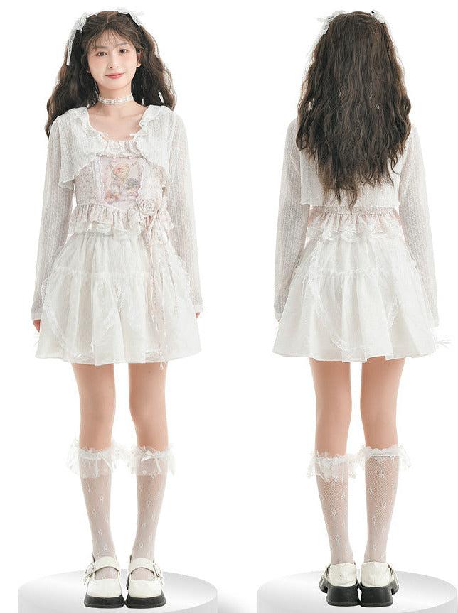 チュチュレースの妖精プリンセスジャケット、ショートキャミソール、テイルフローラルスカート