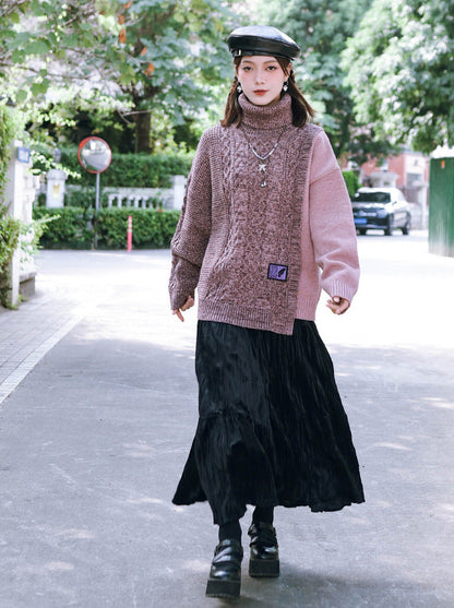 Loose Knit Turtleneck Block Color