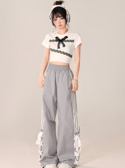 Loose Casual Pants Wide Ribbon Side