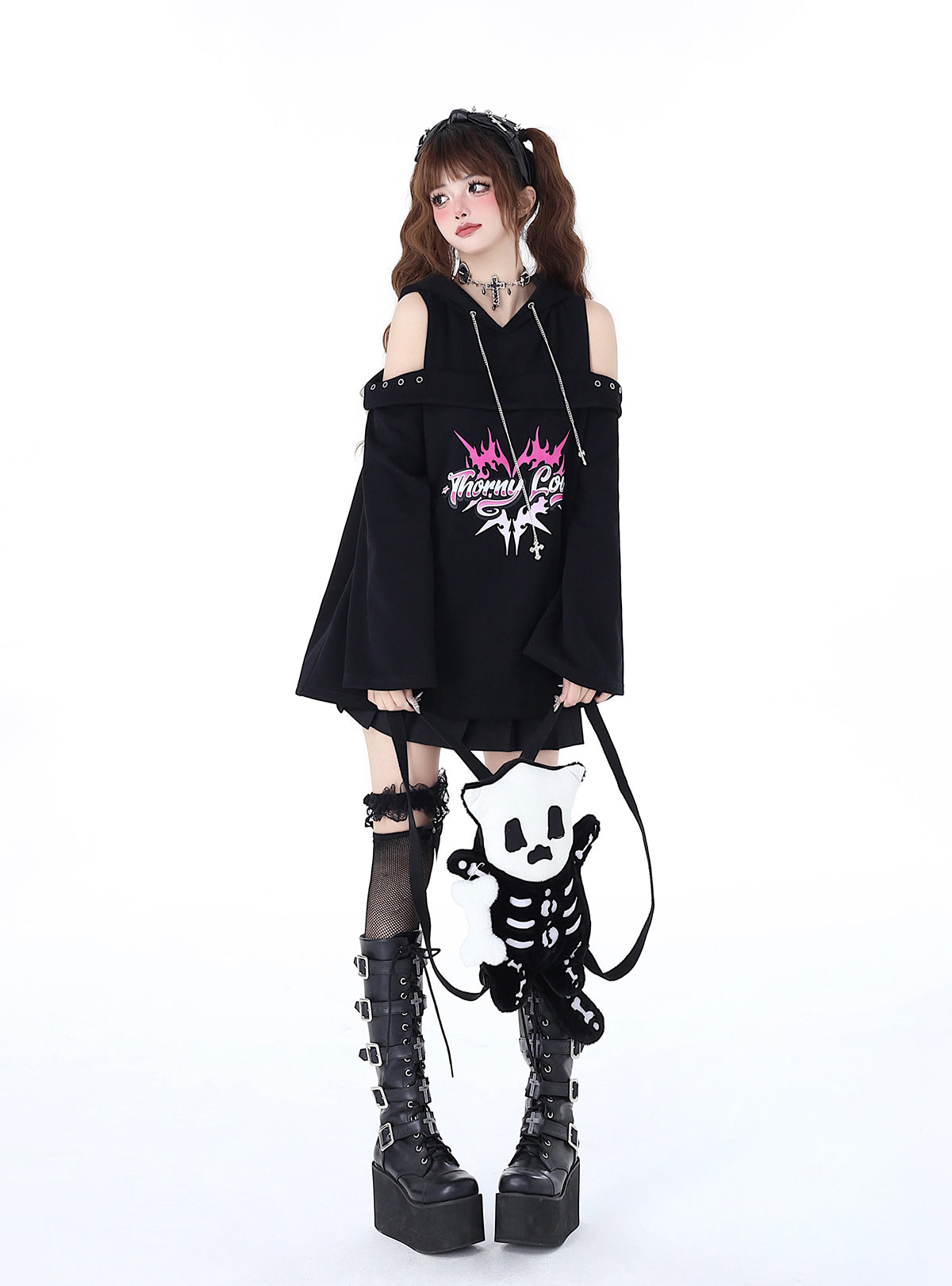Subculture Punk Leaky Chain Spring Shoulder Original Top Dark Hooded Sweatshirt Rock