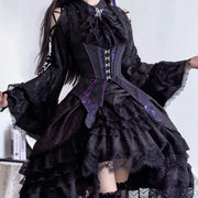 Black Gothic Lolita blouse, purple waistcoat and ruffled skirt