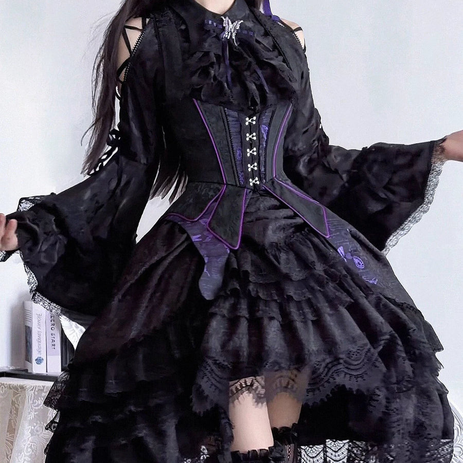 Black Gothic Lolita blouse, purple waistcoat and ruffled skirt
