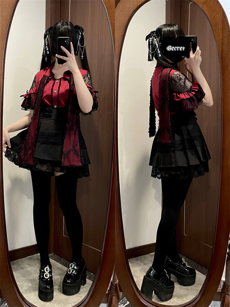 シャツ シアーリボン ショルダーレース