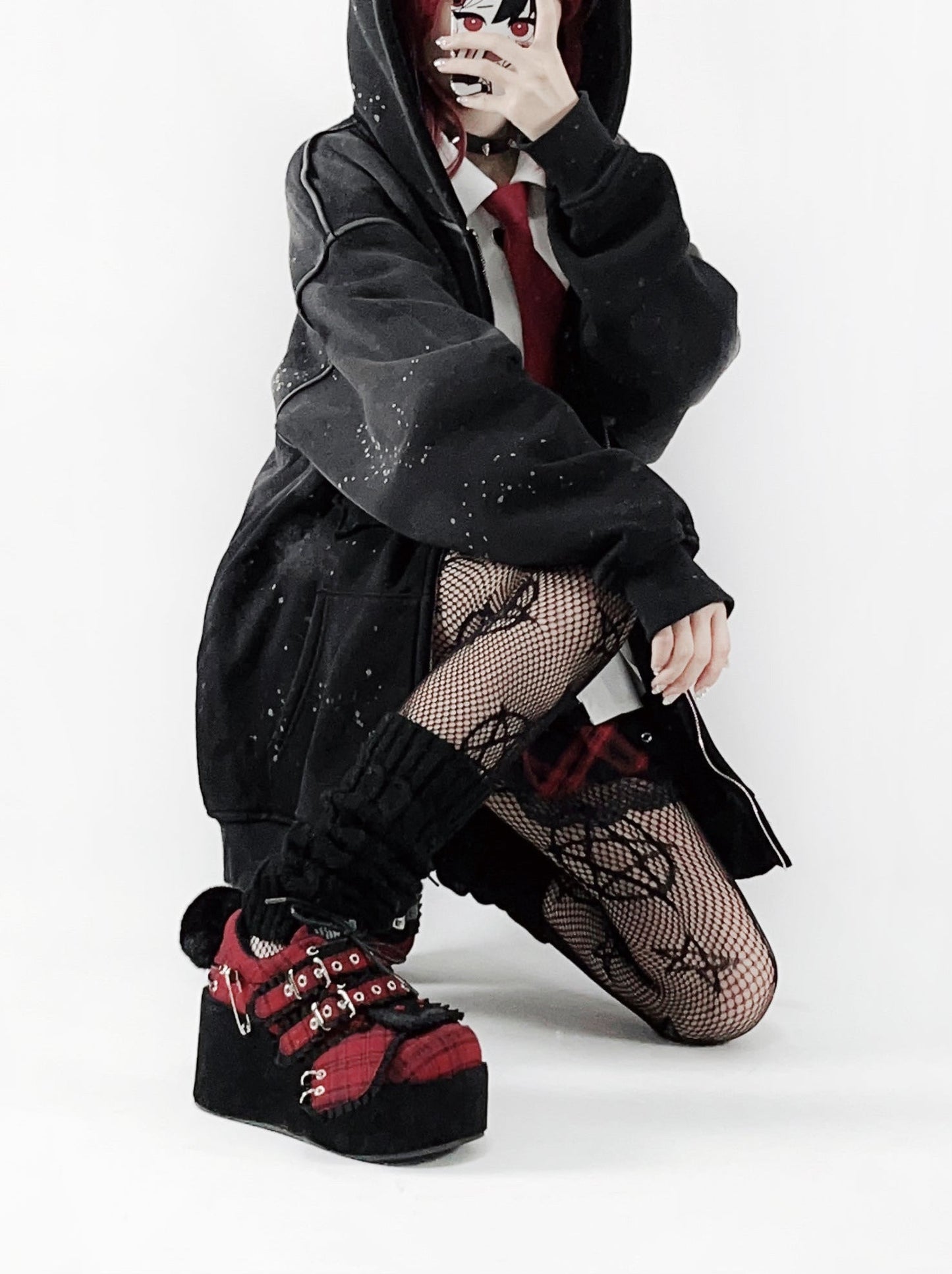 バニーシューズ ダークレッド チェックレッド オールプラットフォーム