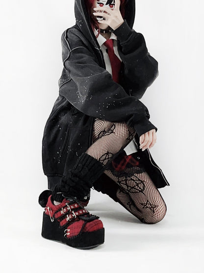 バニーシューズ ダークレッド チェックレッド オールプラットフォーム