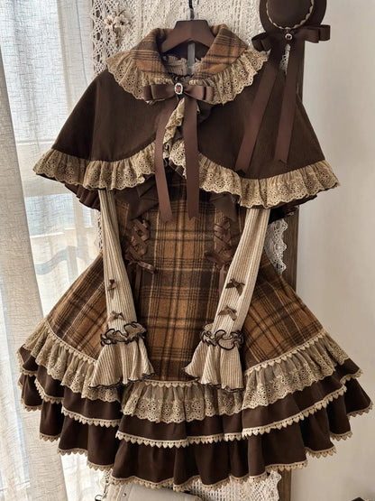 Caramel Cocoa cape, plaid dress and knit inner top, outfit display