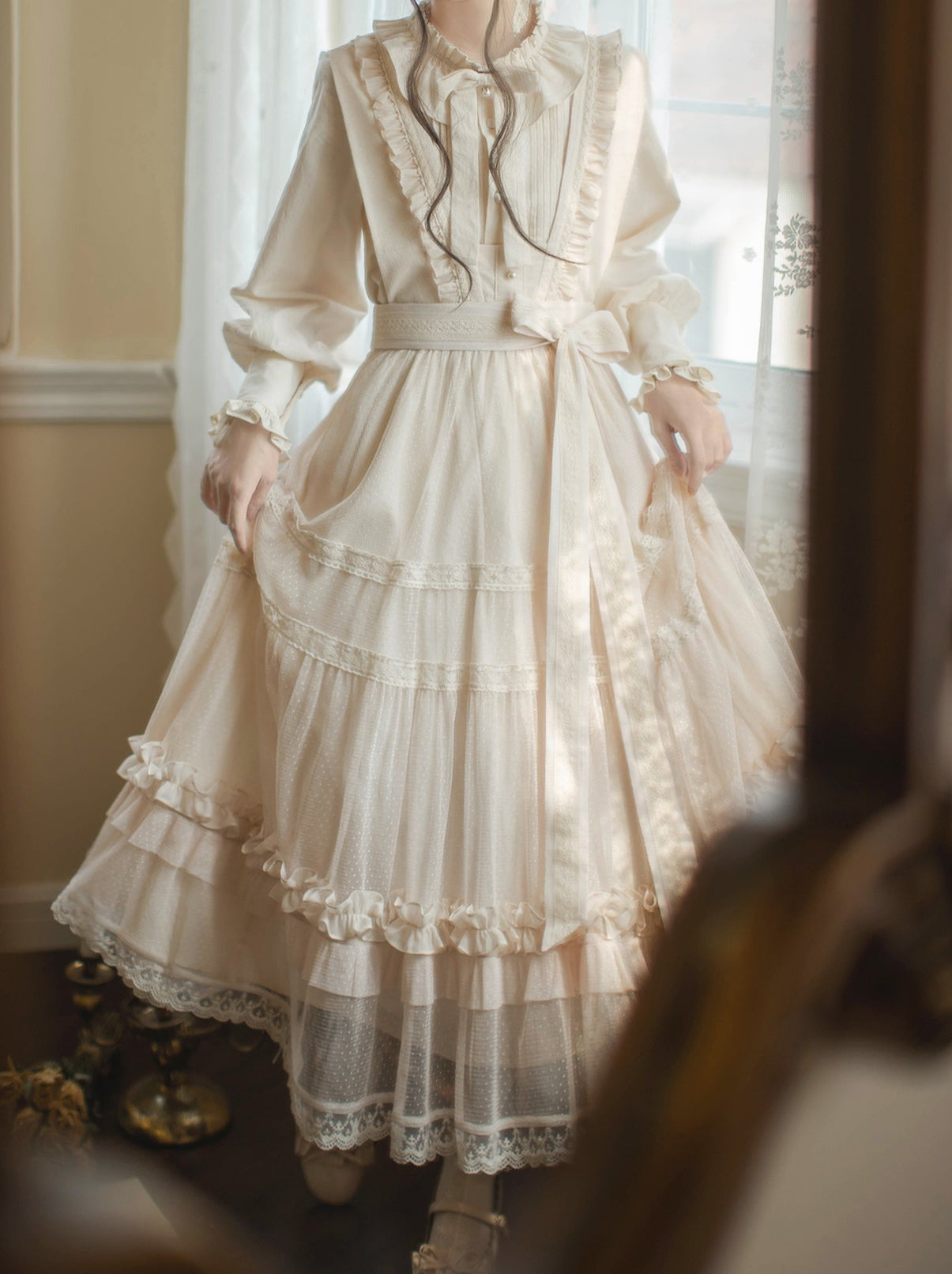 Gepunktetes Taillentop Lolita Rüschenband Leichtes Sommerkleidhemd Elegant + Spitzenband Süß