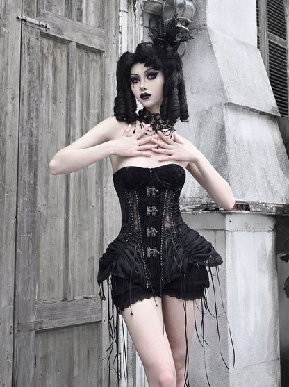 ダークゴシックコルセット ヘルドレス バードストラップ アリスゲージセット フィッシュボーン