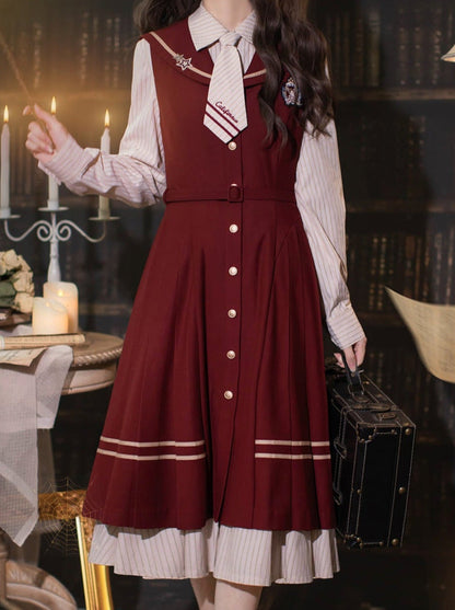 Hemdkleid Farbe + Krawatte Plissee Marine Anzug Gestreift Abzeichen Retro Magic Dress Academy