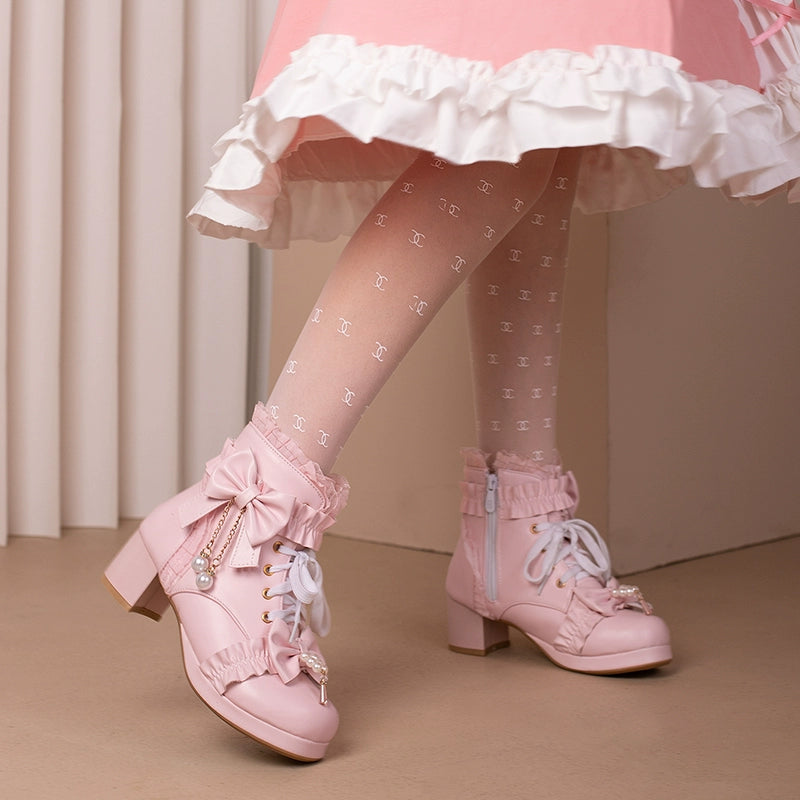 28-43 Lolita Ruffle Bow Pearl Decor Knee-High Boots