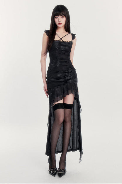 ノースリーブダークドレスマキシアシメダロマンティック