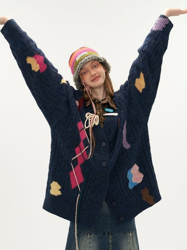 アシンメトリーニットオーバーデザインカーディガンレトロカラフル