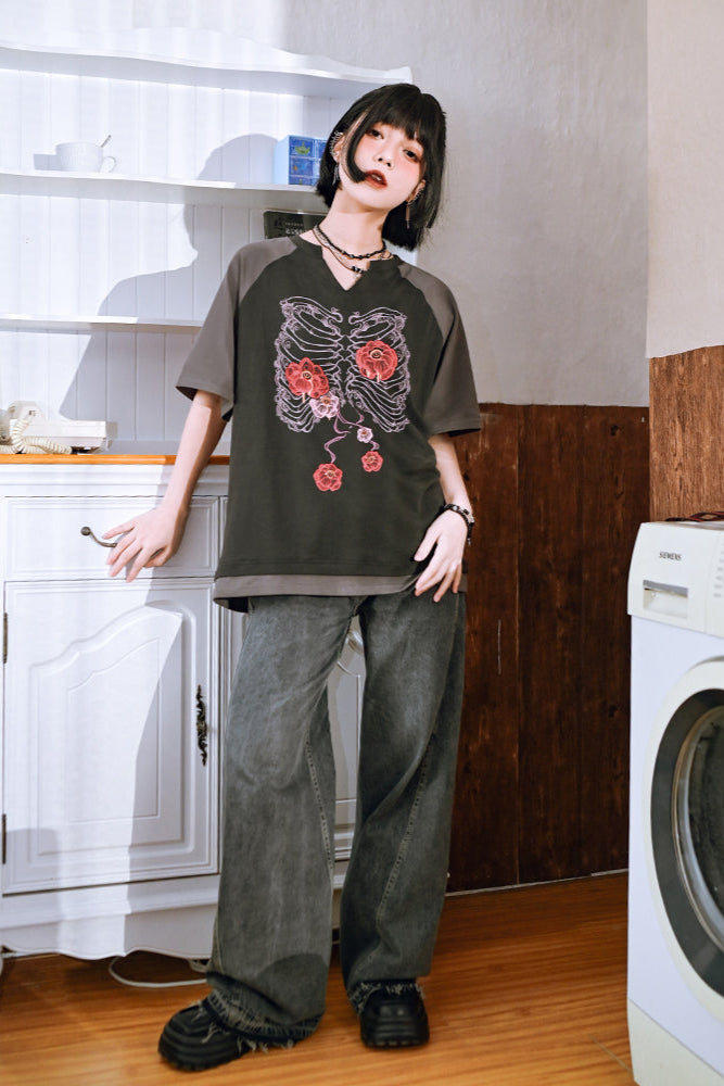 ボーンフラワーバイカラーラグラントップVネック