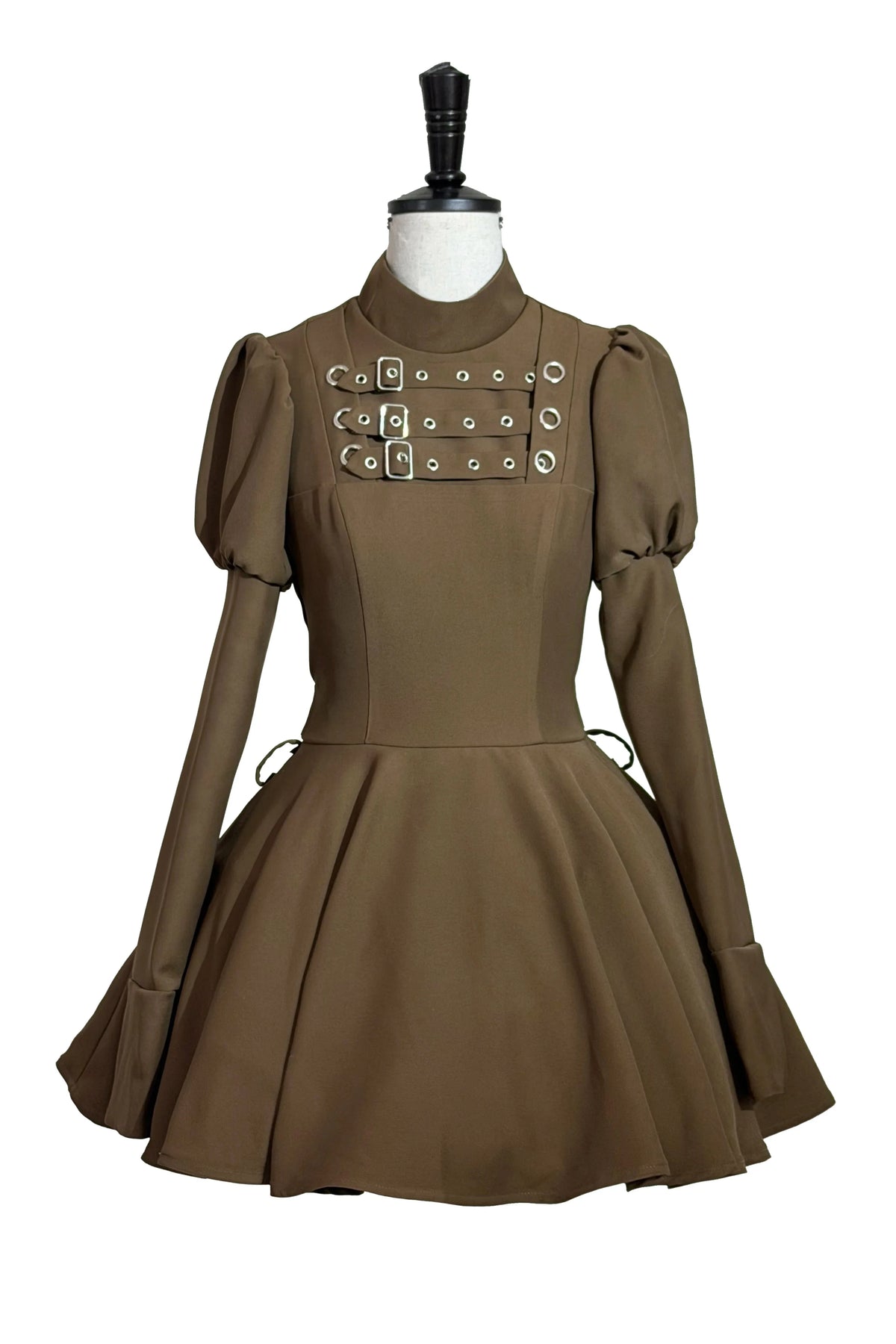 Steampunk Brown x Gothic Black Mode Buckle High Collar Puff Sleeve Doll Dress