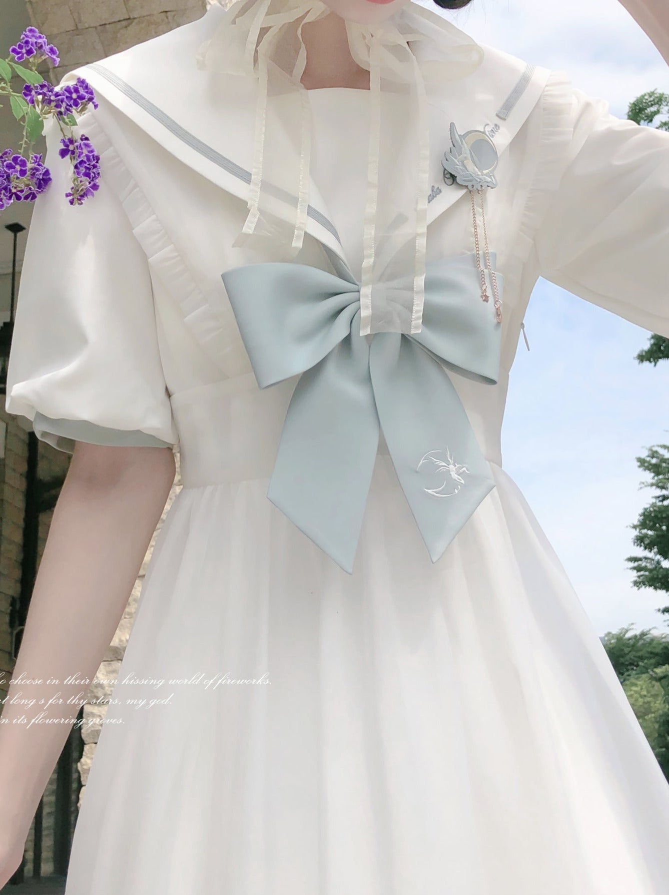 Tie Collar Puff + Sleeve Sailor Haori Tulle Dress Ribbon + Badge Overskirt
