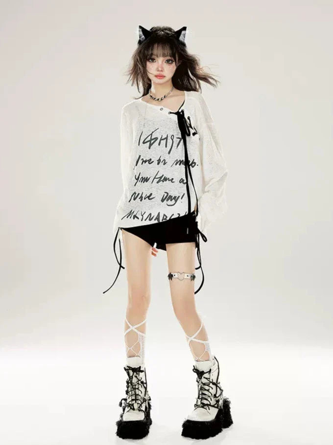 ロングストラップ レターTプリント オフショルダー ホワイト