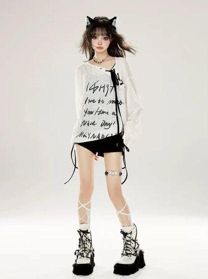 ロングストラップ レターTプリント オフショルダー ホワイト