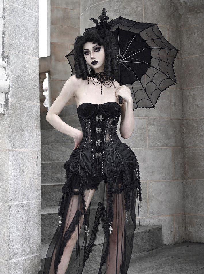 ダークゴシックコルセット ヘルドレス バードストラップ アリスゲージセット フィッシュボーン