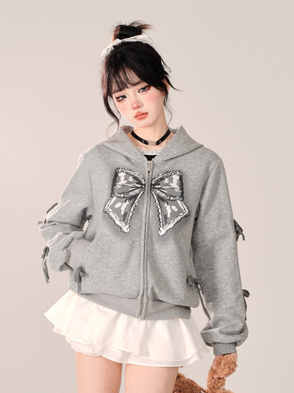 Zip-Up Hooded Loose Black Hoodie Ribbon