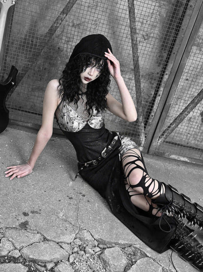 シースルーメッシュシルバーブラックスーツパンクパーカードレススリット