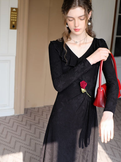 Rose Dress Chic Long Retro Dark Night
