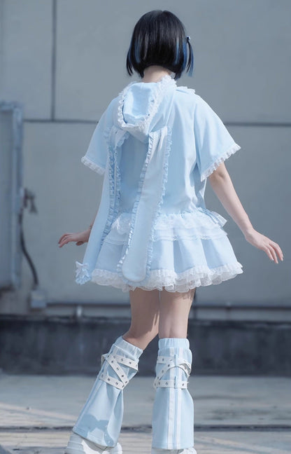 Bow Frilled Big Hooded Girly Long Bunny Dress Ears