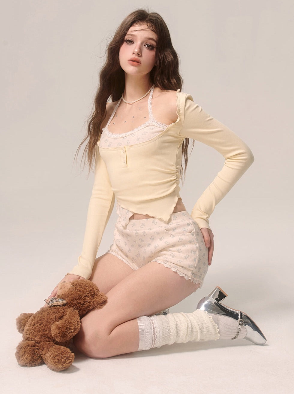 ミルキーフェイクピースクリームアイホルターツートップネックイエロー