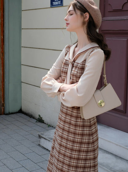 フレンチレトロピースクイーンドレスウールレトロツーフェイクマイラードフェイクチェック