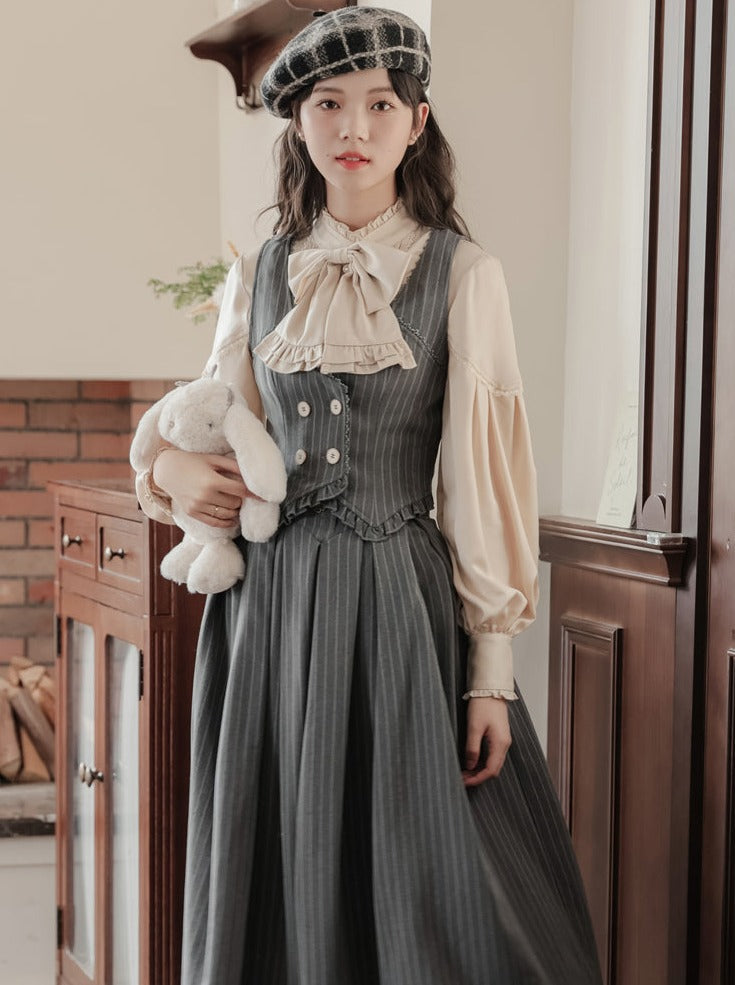 フリル+ブラウス ストライプカラー+スカート フレアレトロベスト ダーク