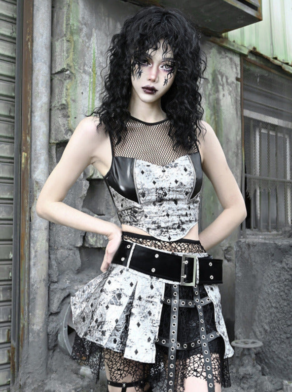 Two Top Mesh Piece Punk PU Liquid Suit Dark Slim