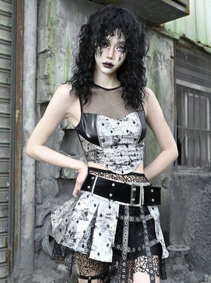 Two Top Mesh Piece Punk PU Liquid Suit Dark Slim