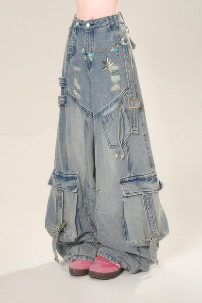 ストリートハイワイドリップデニムパンツ