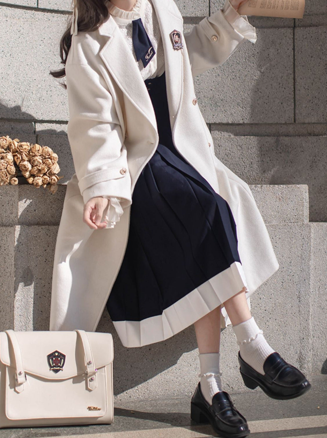 ダブルブレストウールコクーンホワイトエレガントコートカレッジ