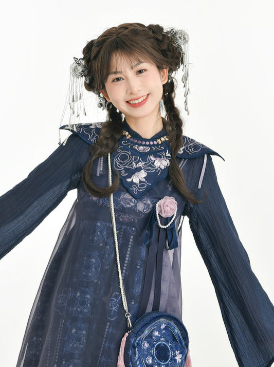 Bell-sleeved Shirt + Shoulder Tulle Bag Skirt Layered Set-up Ribbon Dress Chinese