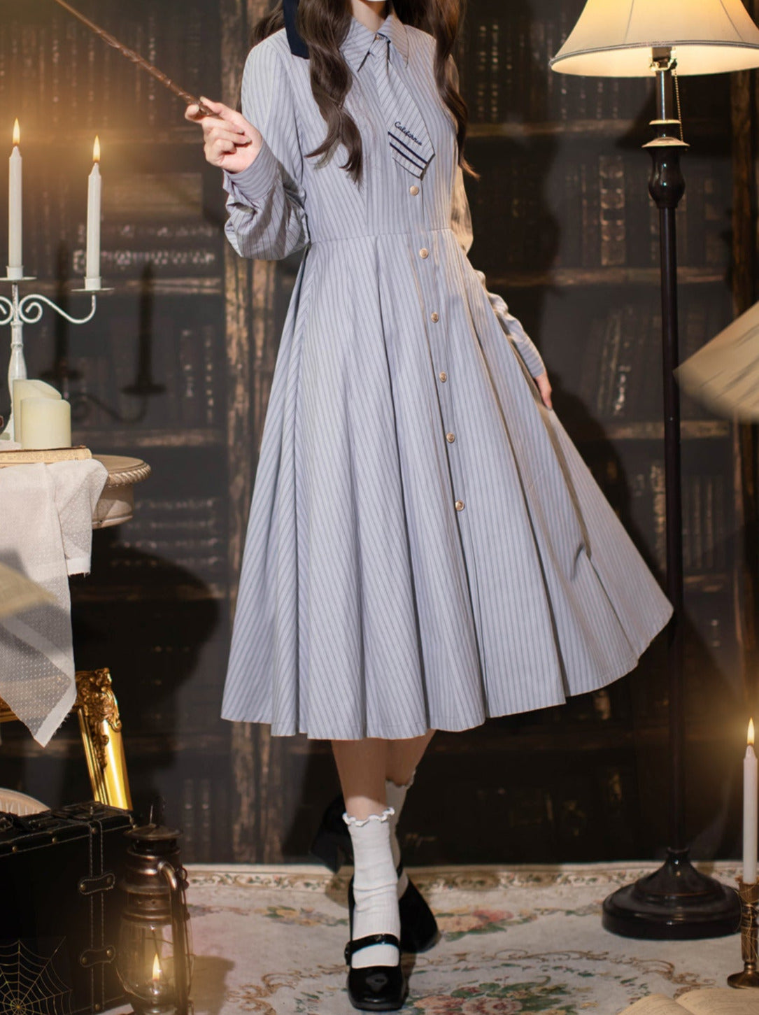 Hemdkleid Farbe + Krawatte Plissee Marine Anzug Gestreift Abzeichen Retro Magic Dress Academy