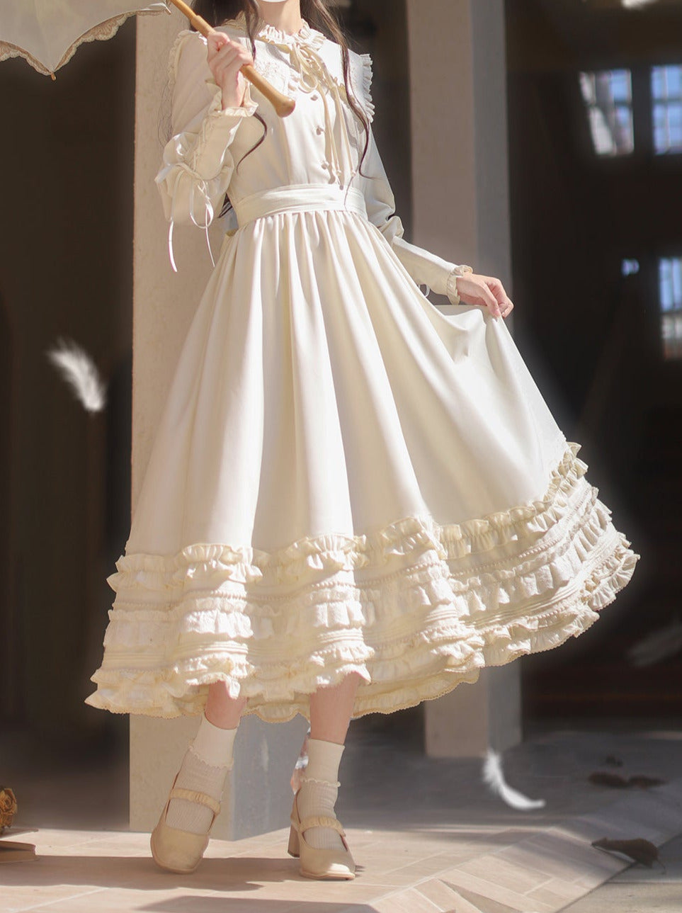 リボン ヴィンテージ フレンチウエスト ドレス 刺繍 ロマンチック