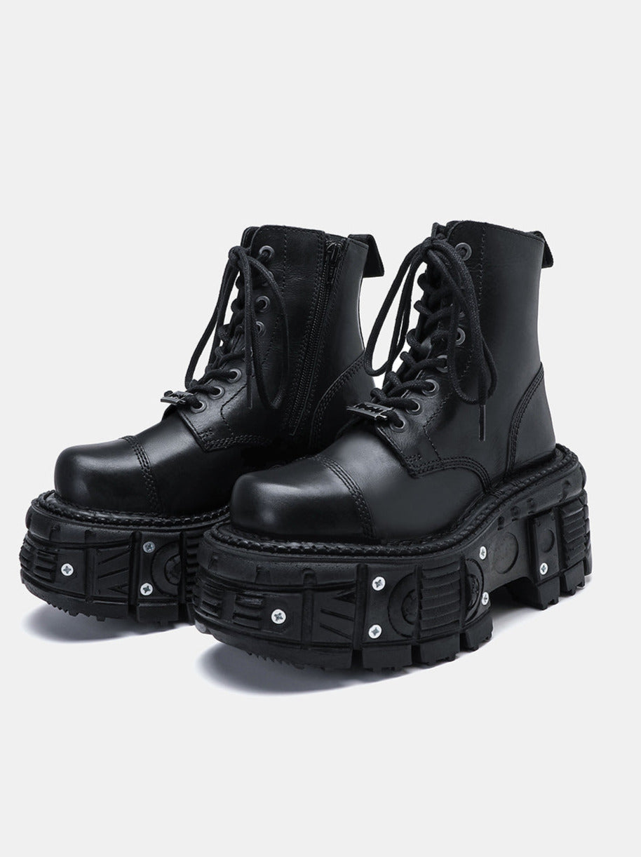Lace-up Metal Platform Punk Boots Short Dark