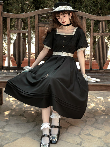 Black Necklace Pearl Dress Retro Ribbon Square French Ribbon Waist + Catsuit Black Collar