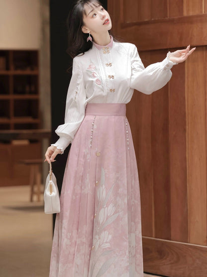 Bluse Plissee Schal Band Rock China + Süße Spitze Blumen