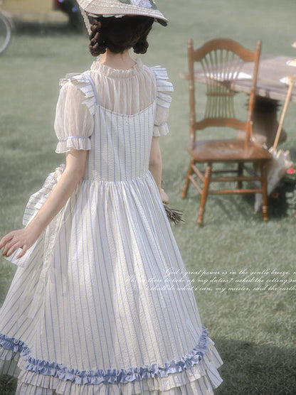 Shirt Handmade + Dress Puff Sheer Ruffled Sleeve Shoulder Corsage Inner Fairy Lace + Striped