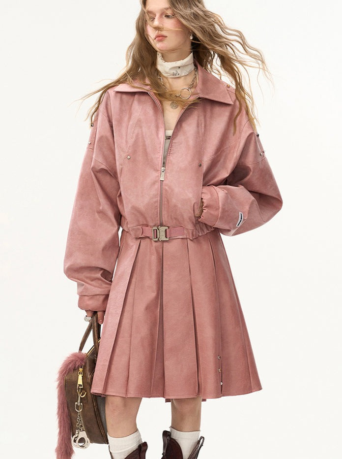 Damaged Mode Lederjacke + Mittellanger Rock + Ledermantel mit Taillengürtel