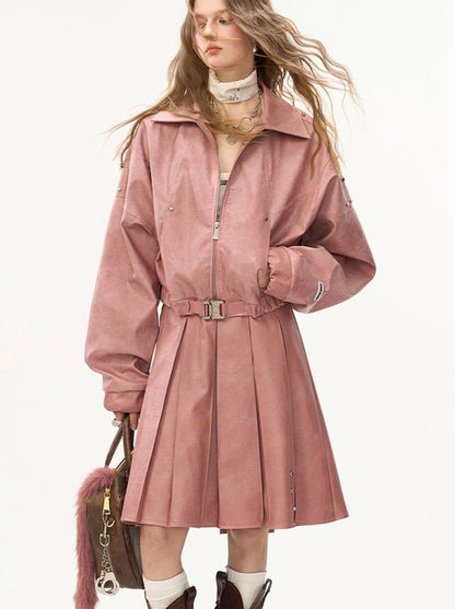 Damaged Mode Lederjacke + Mittellanger Rock + Ledermantel mit Taillengürtel