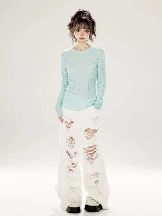 Schmaler Halsausschnitt, Bodenrippin-Strick, unregelmäßiges Sommeroberteil