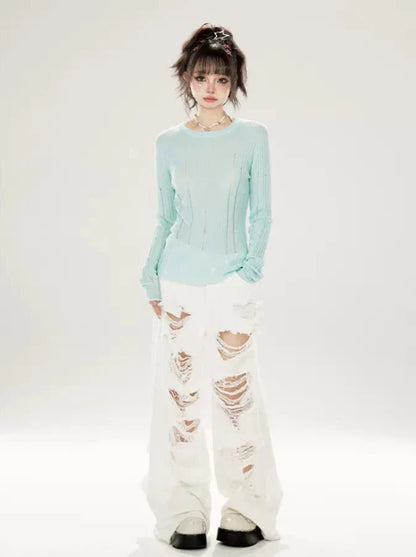 Schmaler Halsausschnitt, Bodenrippin-Strick, unregelmäßiges Sommeroberteil